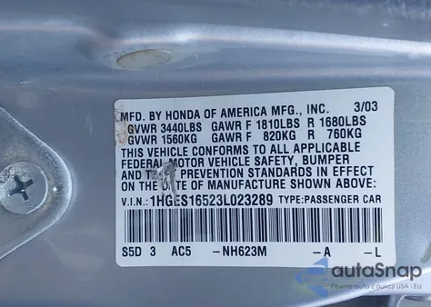 2003 Honda Civic Lx z USA, uszkodzony, nr VIN 1HGES16523L023289